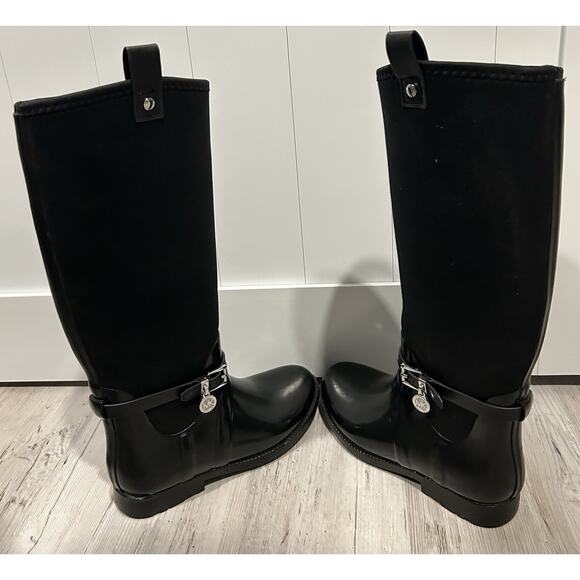 Michael Kors Rain Boots Size 6 Black Rubber & Neoprene. MK Silver Charm Logo. - Picture 6 of 8